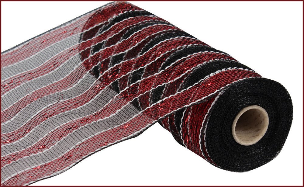 10" Deco Poly Mesh: Metallic Stripe Garnet/Black/White - RE1316MF - The Wreath Shop