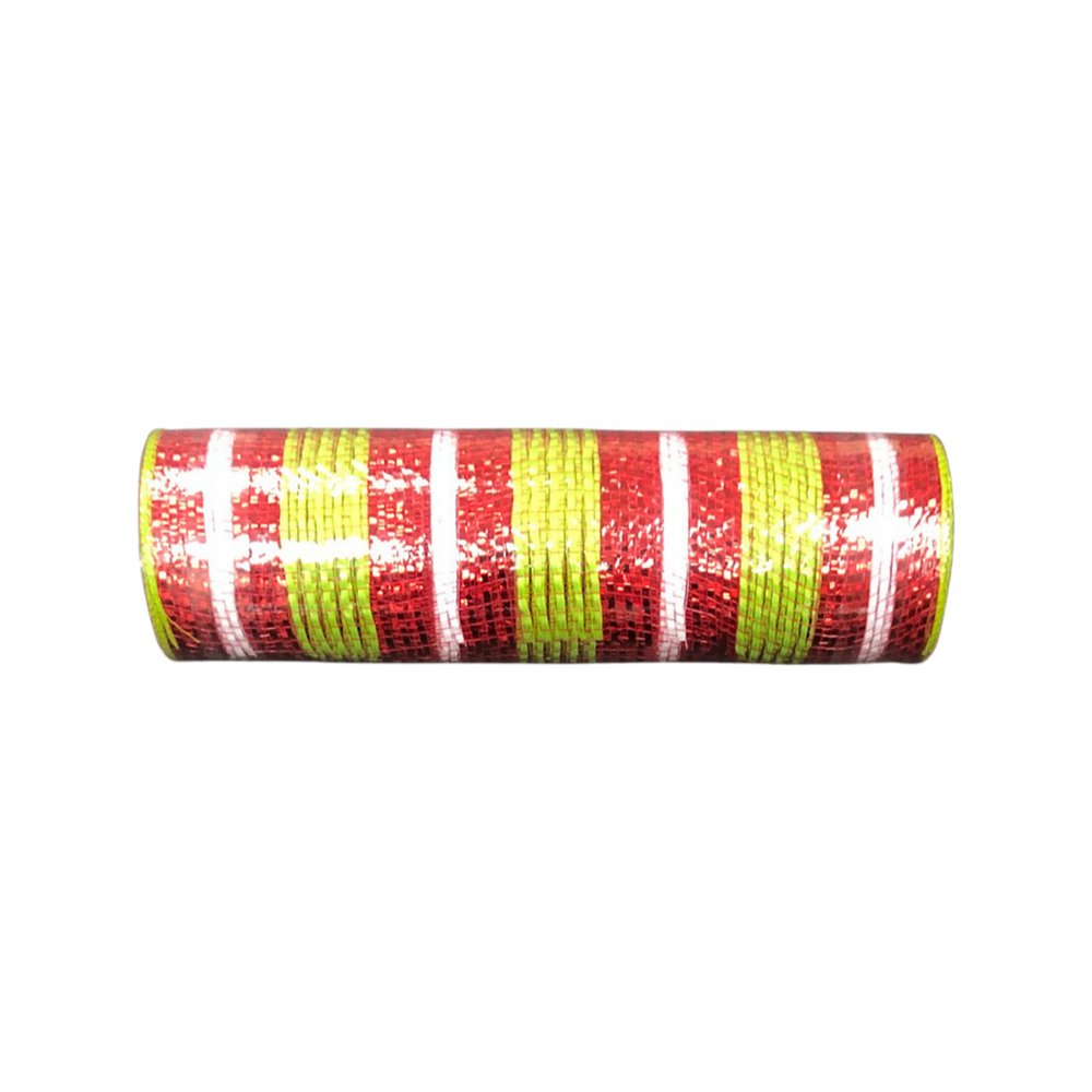 10" Metallic Lime/Red/White Stripe Mesh - 10yds - Thin - XB102910-09 - The Wreath Shop