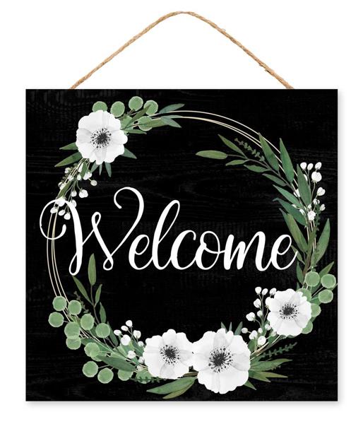 10" Square Welcome Floral Wreath Sign: Black/White/Green - AP710927 - The Wreath Shop