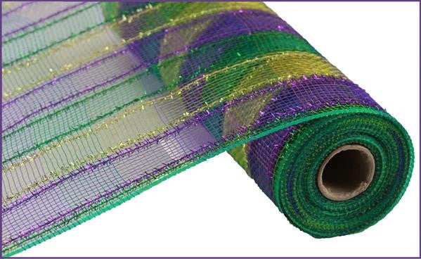 10" Tinsel Deco Mesh: Mardi Gras Purple Green Gold Stripe - RY841173 - The Wreath Shop