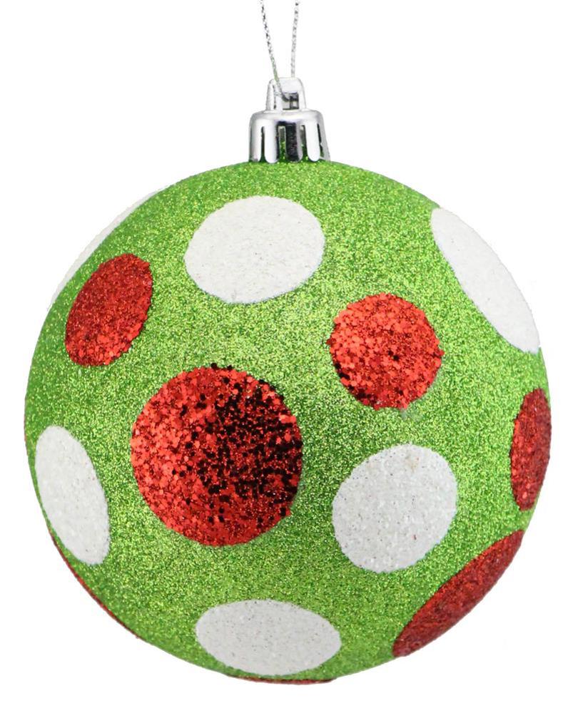 100mm Glitter Polka Dot Ball Ornament: Lime Green/Red/White - XY8917M5 - The Wreath Shop