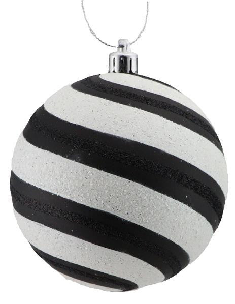 100mm Glitter Stripe Ball Ornament: Black/White - XY8900TX - The Wreath Shop