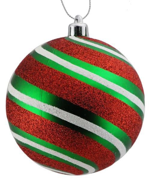 100mm Glitter Stripe Ball Ornament: Emerald/Red/White - XY8900T6 - The Wreath Shop