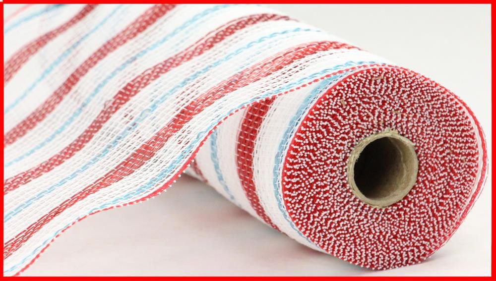 10.5" Poly Faux Jute Mesh: Wht/Red/Ice Blue - RY8020R6 - The Wreath Shop