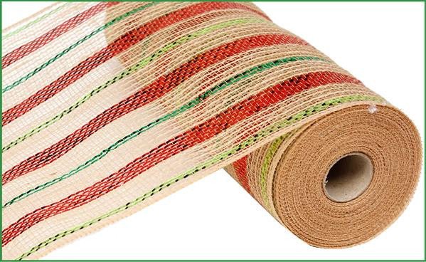 10.5" Poly Jute Mesh: Natural/Metallic Red/Emerald/Lime Green Stripe - RY800945 - The Wreath Shop