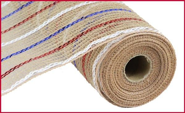 10.5" Poly Jute Mesh: Natural/Red/Wht/Blue Stripe - RY800788 - The Wreath Shop