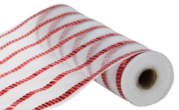 10.5" Wide Foil Stripe Mesh: White/Red - RY8514A2 - The Wreath Shop