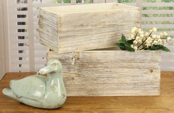 10.75" Wooden Rectangle Planter: White Wash - KM105827 - Small - The Wreath Shop