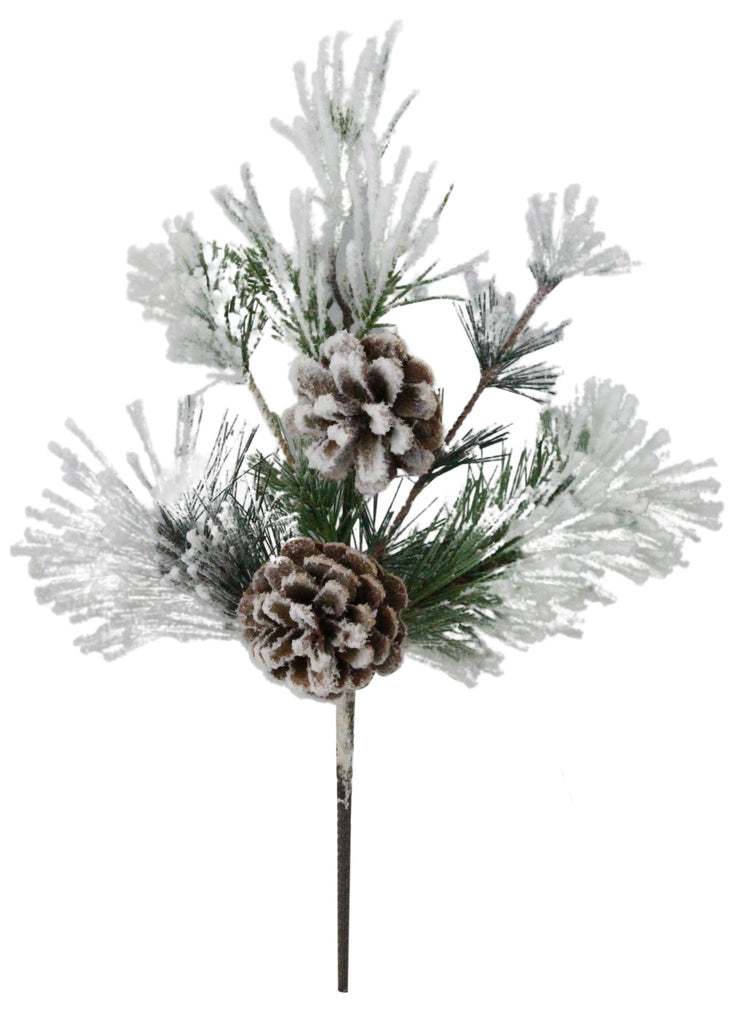 12" Flocked Pine/Pinecone Pick - XP5521 - The Wreath Shop