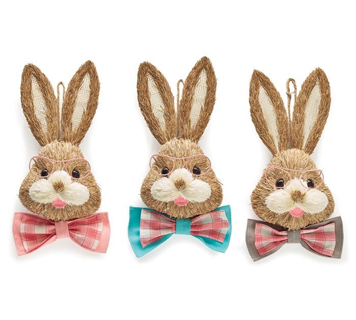 12" Hanging Sisal Bunny Head w/ Glasses: Assorted Bowties - 9743605-blue - The Wreath Shop