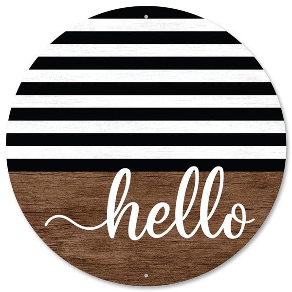 12" Metal Round Brown Wood Hello Sign - MD0895 - The Wreath Shop