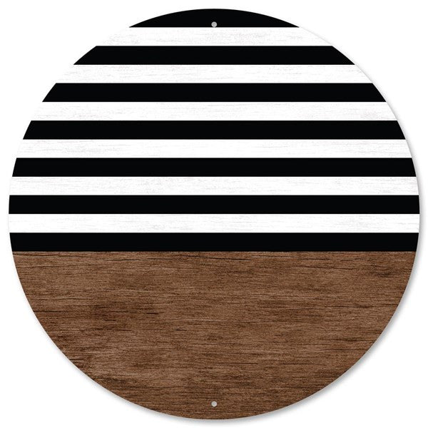12" Metal Round Brown Wood w/ Black and White Stripes Sign - MD0894 - The Wreath Shop