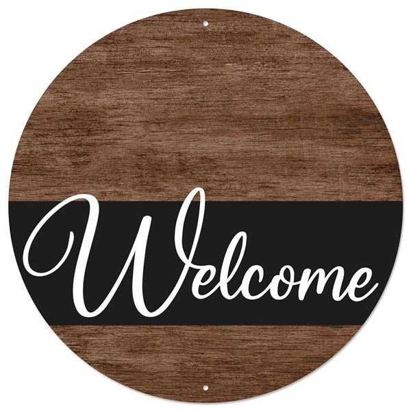 12" Metal Round Brown Wood Welcome Sign - MD0885 - The Wreath Shop