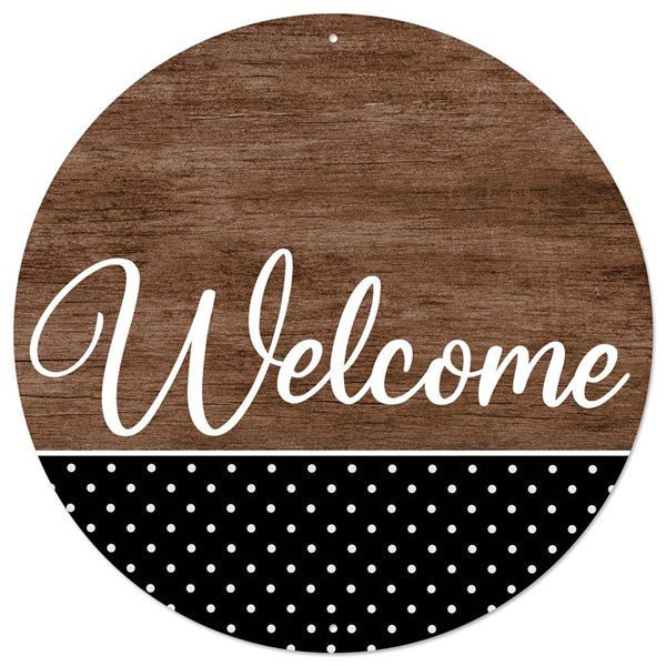 12" Metal Round Brown Wood/Dot Welcome Sign - MD0897 - The Wreath Shop