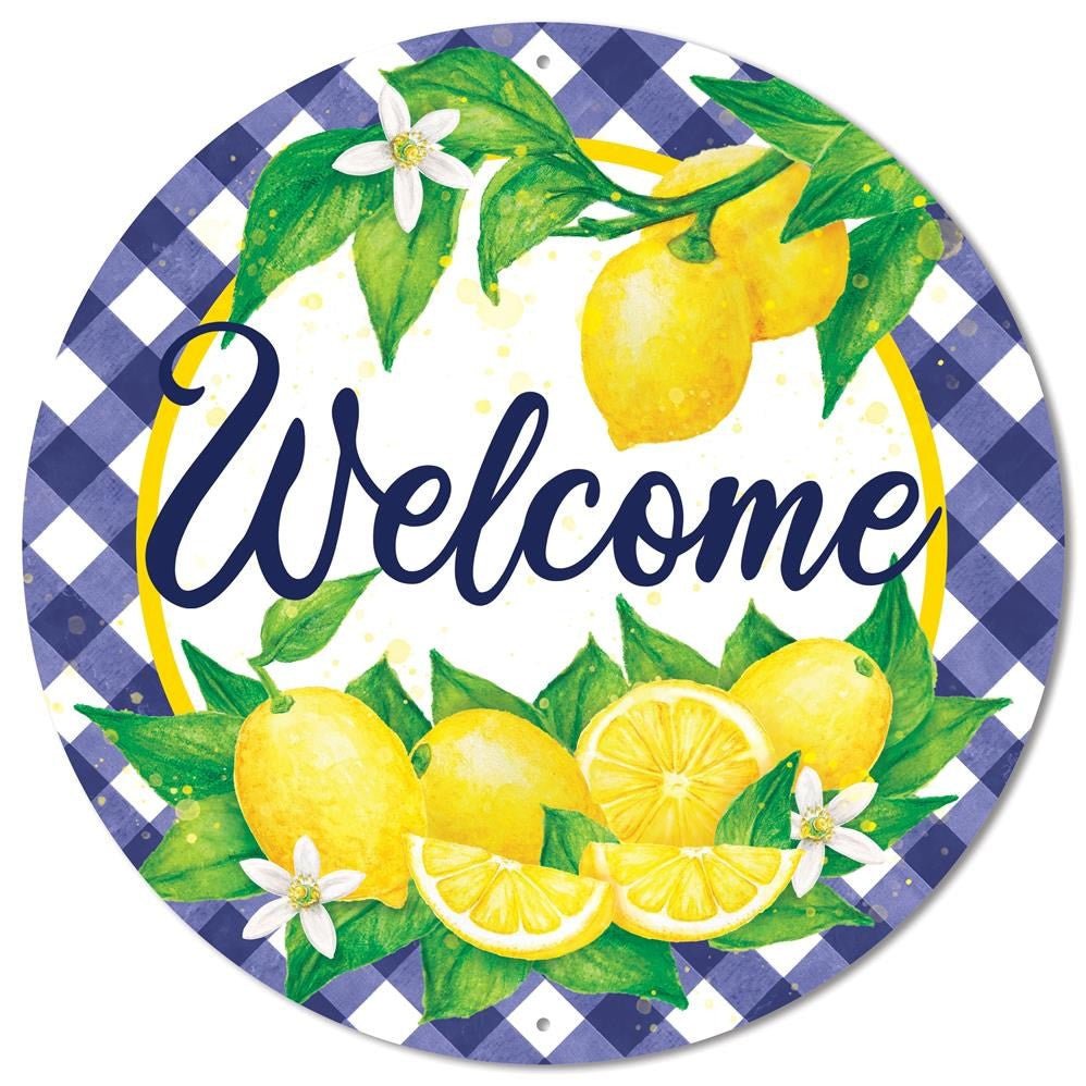 12" Metal Welcome Lemon Sign: Blue Check - MD0877 - The Wreath Shop