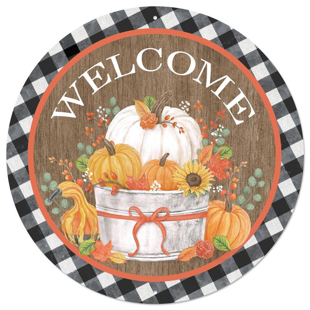 12" Metal Welcome Pumpkin Bucket Sign - MD1256 - The Wreath Shop