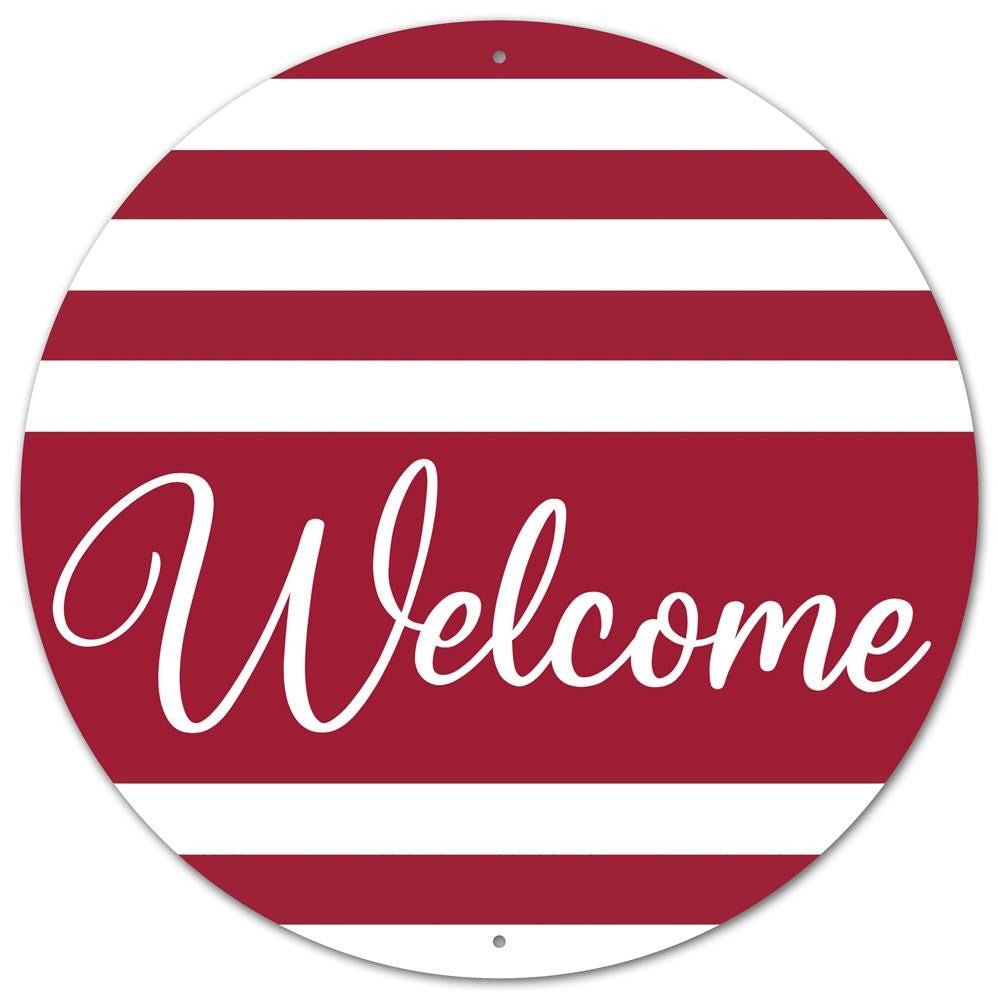 12" Metal Welcome Stripes Sign: Red/Wht - MD0901 - The Wreath Shop