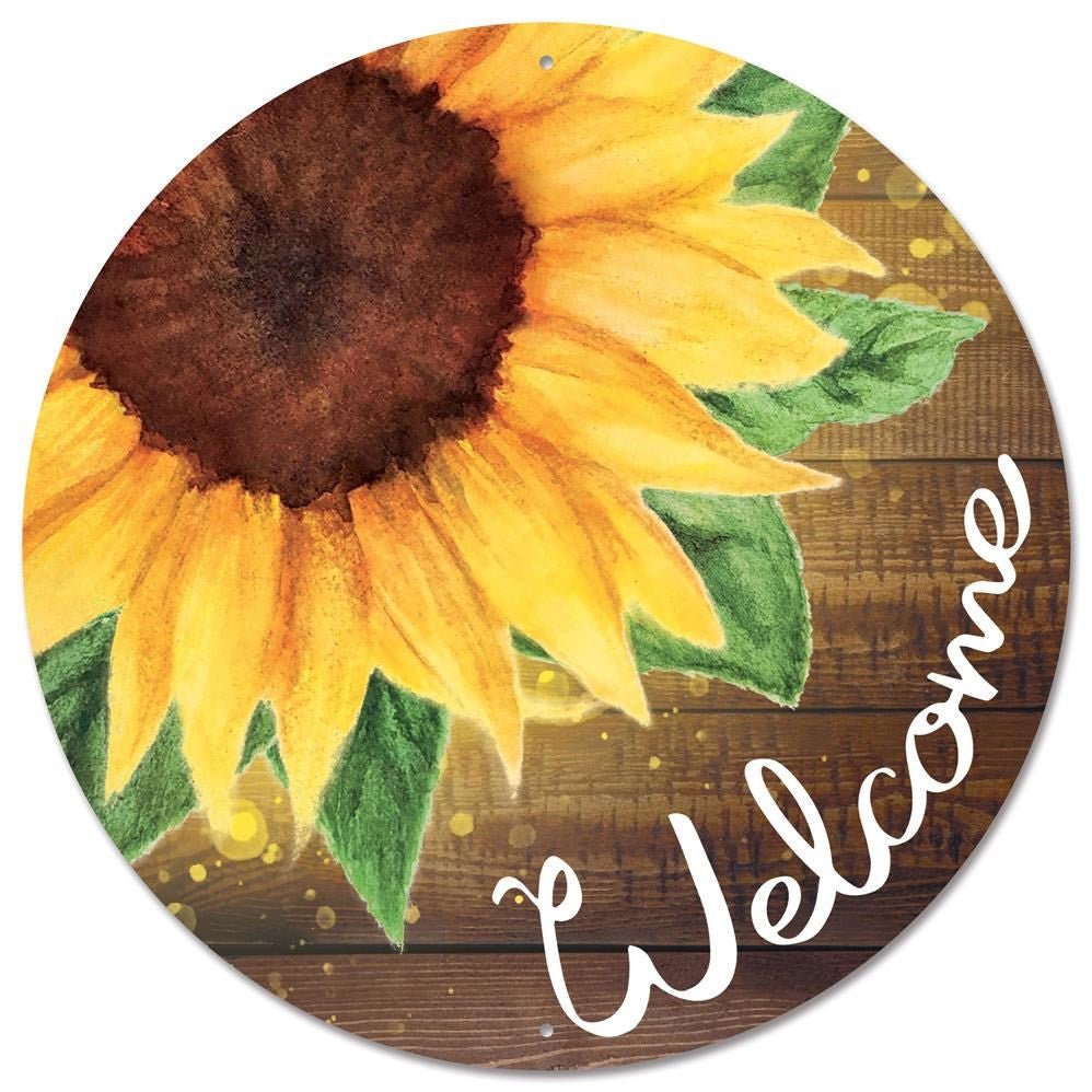 12" Round Metal Welcome Lg Sunflower Sign - MD0921 - The Wreath Shop