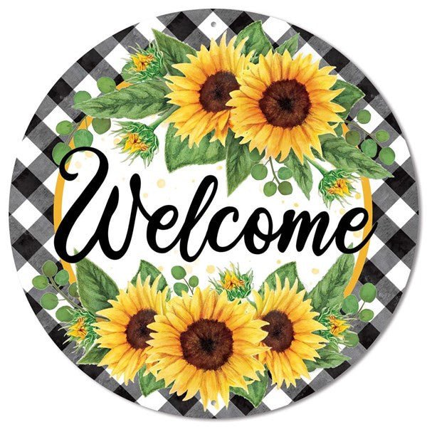 12" Round Metal Welcome/Sunflower Sign: Gingham - MD0879 - The Wreath Shop