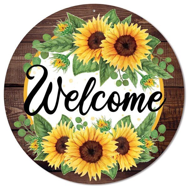 12" Round Metal Welcome/Sunflower Sign: Wood - MD0878 - The Wreath Shop