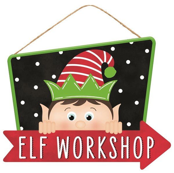 12.5" Elf Workshop Arrow Sign: Black/Red/Lime/White - AP7011 - The Wreath Shop