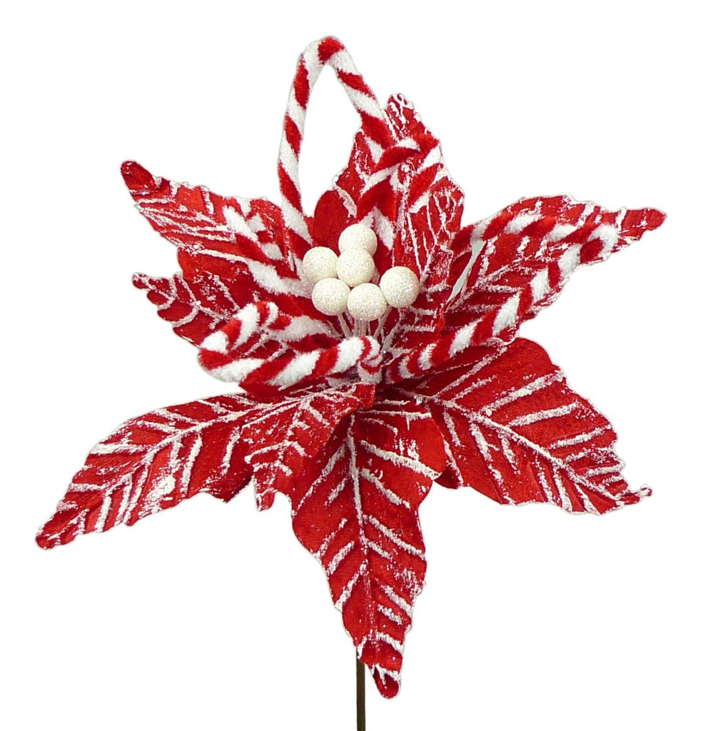 13" Red/White Peppermint Poinsettia Pick - 84838RDWT - The Wreath Shop