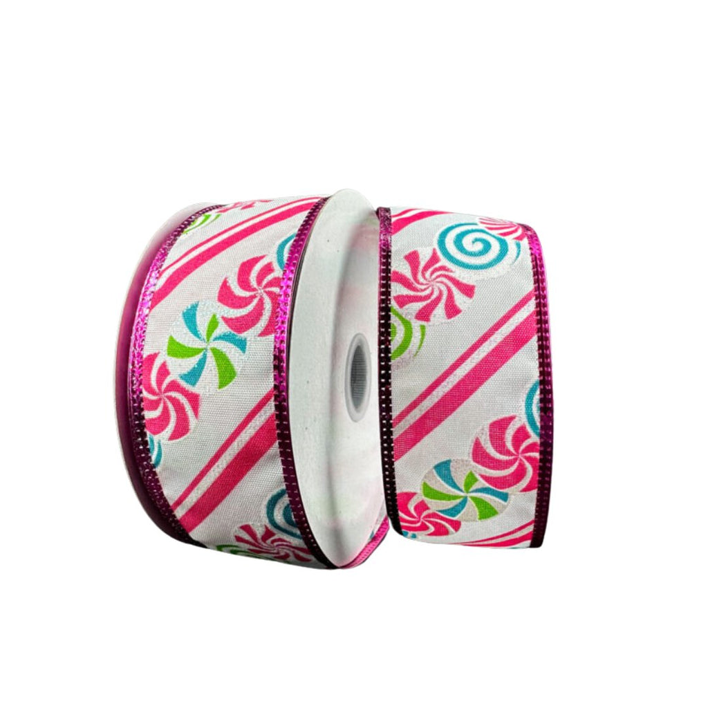 1.5" Cmas Candy Ribbon: Wht/Pink/Teal/Lime - 10yds - 76307-09-44 - The Wreath Shop