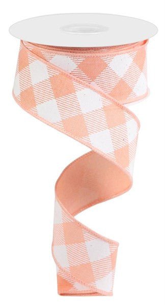 1.5" Diagonal Check Ribbon: Peach/White - 10yds - RGA126421 - The Wreath Shop