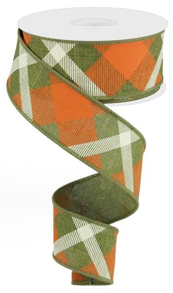 1.5" Diagonal Plaid Ribbon: Fern Grn/Orange/Cream - 10yds - RG01682EW - The Wreath Shop