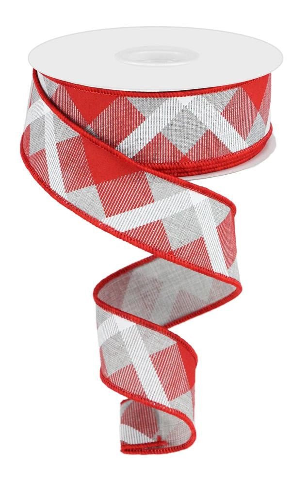 1.5" Diagonal Plaid Ribbon: Grey/Red/White- 10yds - RG016825X - The Wreath Shop