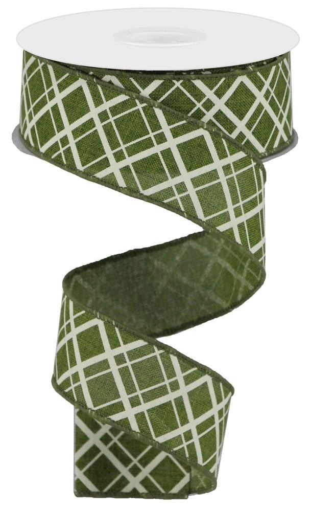 1.5" Diagonal Plaid Ribbon: Moss/Ivory - 10yds - RGA150552 - The Wreath Shop