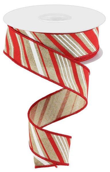 1.5" Diagonal Stripe Linen Ribbon: Lt Beige/Red/White - 10yds - RGC158401 - The Wreath Shop