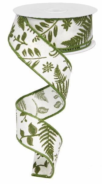 1.5" Embroidered Greenery Ribbon: Ivory/Moss Green - 10yds - RG01308XT - The Wreath Shop