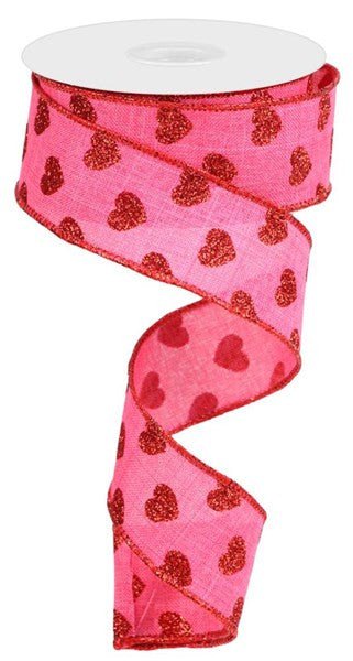 1.5" Glitter Hearts on Hot Pink Ribbon - 10yds - RGA173711 - The Wreath Shop