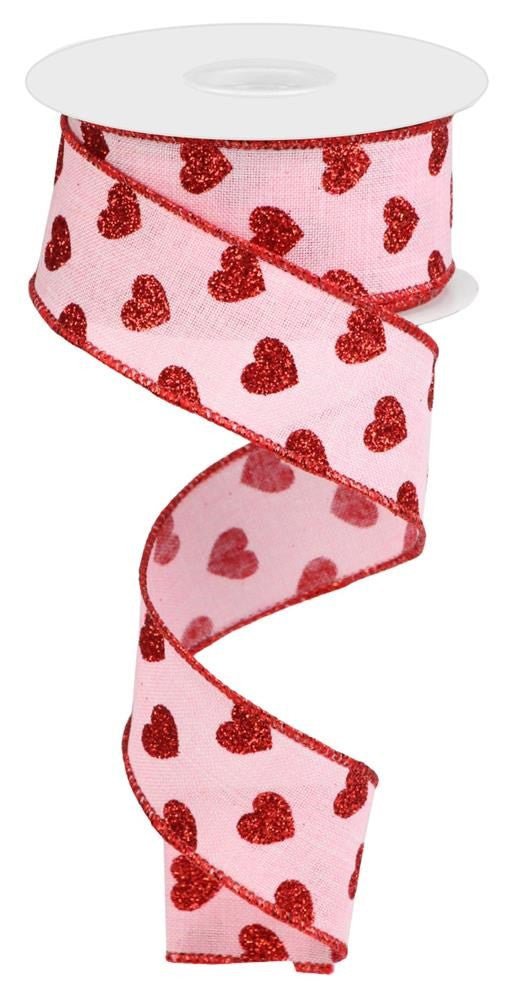 1.5" Glitter Hearts on Lt Pink Ribbon - 10yds - RGA173715 - The Wreath Shop