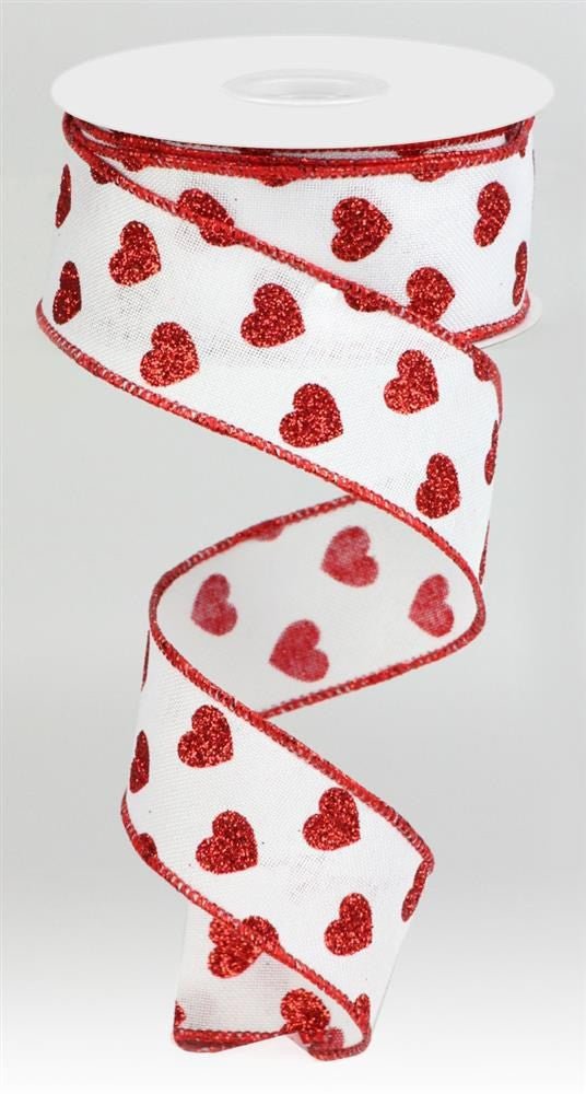 1.5" Glitter Hearts Ribbon: White/Red - 10yds - RGA173727 - The Wreath Shop