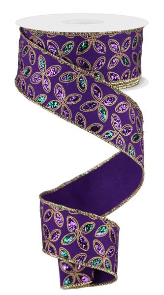 1.5" Glitter Quatrefoil Petal Ribbon: Purple/Emerald/Gold - RGE192523 - The Wreath Shop