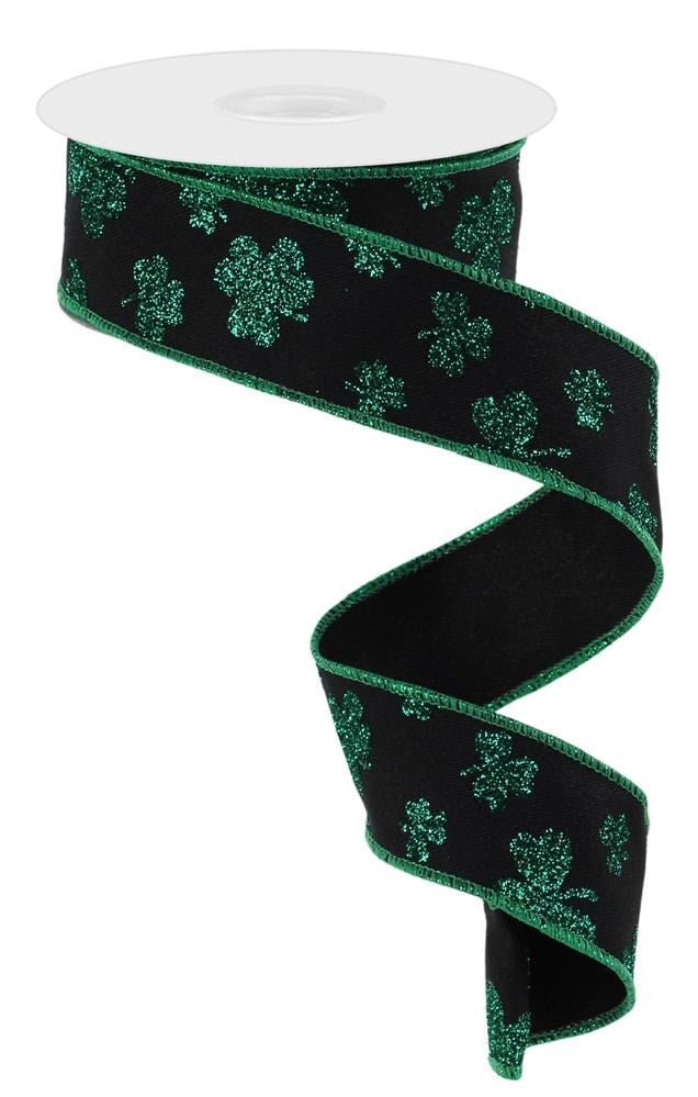 1.5" Glitter Shamrock Ribbon: Black/Green - 10yds - RGE112202 - The Wreath Shop