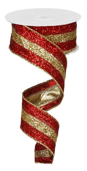 1.5" Glitter Tri-Stripe Ribbon: Red/Gold - 10yds - RM982336 - The Wreath Shop