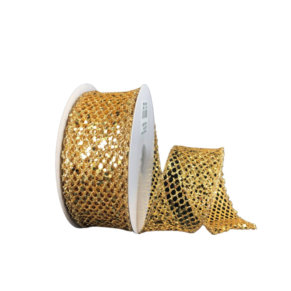1.5" Gold Glitter Net Ribbon - 10yds - 71123-09-15 - The Wreath Shop