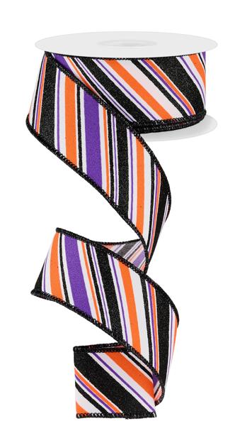 1.5" Halloween Diagonal Stripe Ribbon: Wht/Prpl/Blk/Org - RGE182489 - The Wreath Shop
