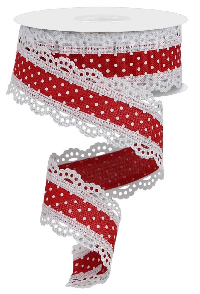 1.5" Lace Swiss Dot Ribbon: Red/Wht - 10yds - RG0886924 - The Wreath Shop