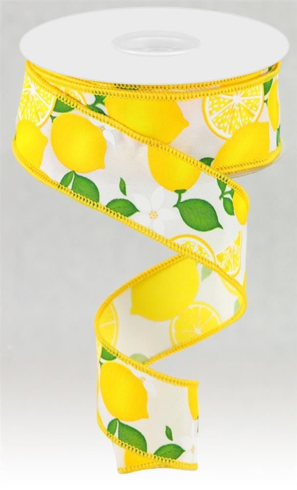 1.5" Lemon w/ Leaves Ribbon: White - 10yds - RGC165827 - The Wreath Shop