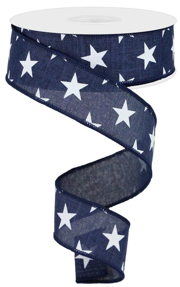 1.5" Linen White Star Ribbon: Navy Blue - 10yds - RGA111519 - The Wreath Shop