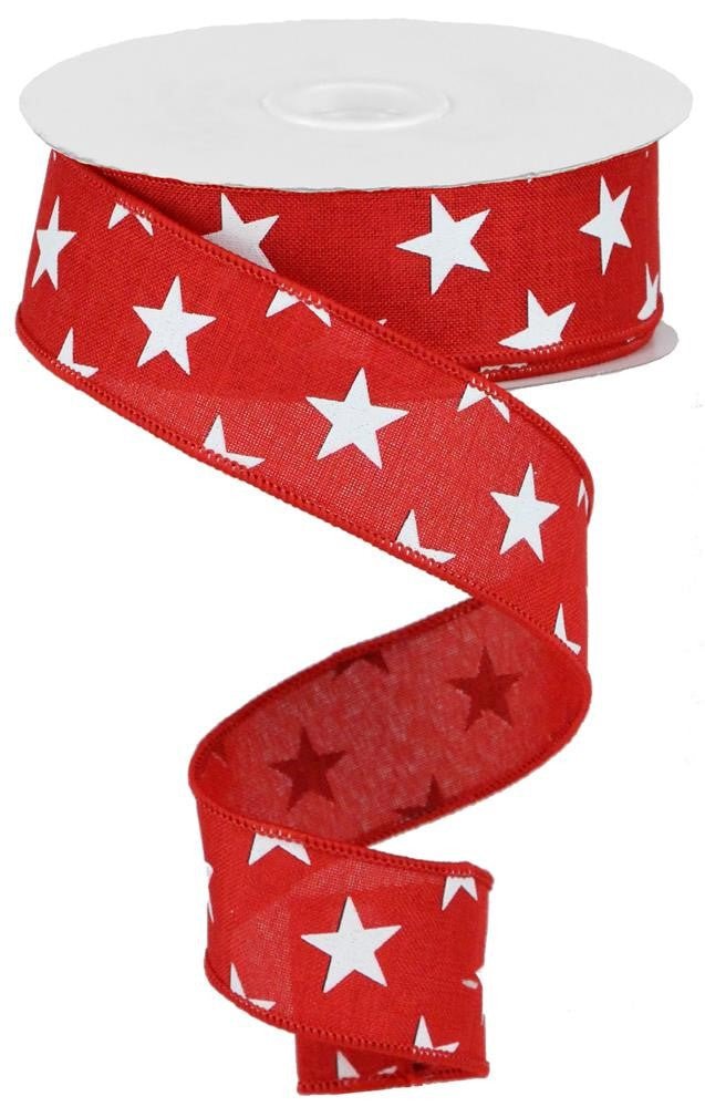 1.5" Linen White Star Ribbon: Red - 10yds - RGA111224 - The Wreath Shop