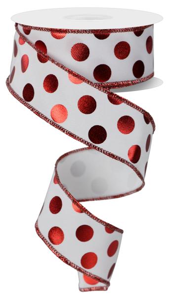 1.5" Metallic Polka Dot Ribbon: White/Red - 10yds - RGE166427 - The Wreath Shop