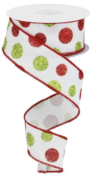 1.5" Multi Glitter Dot Ribbon: Wht/Red/Green - 10yds - RG0170327 - The Wreath Shop
