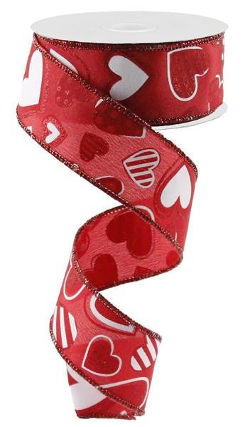 1.5" Patterned Hearts Ribbon: Red/Wht - 10yds - RG0163724 - The Wreath Shop