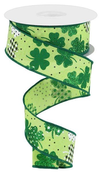 1.5" Patterned Shamrock Ribbon: Grn/Emerald/Wht/Blk - 10yds - RGC187609 - The Wreath Shop