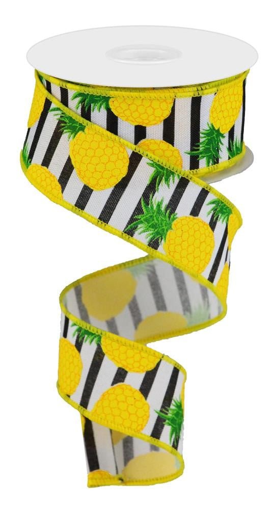 1.5" Pineapple Stripe Ribbon: Wht/Yllw/Black - 10yds - RGC1106J3 - The Wreath Shop